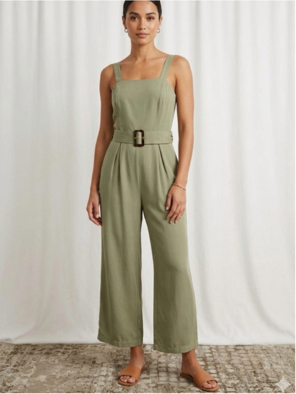 Women's Linen blend Olive Green Sleeveless Belted Jumpsuit Size S. 2036